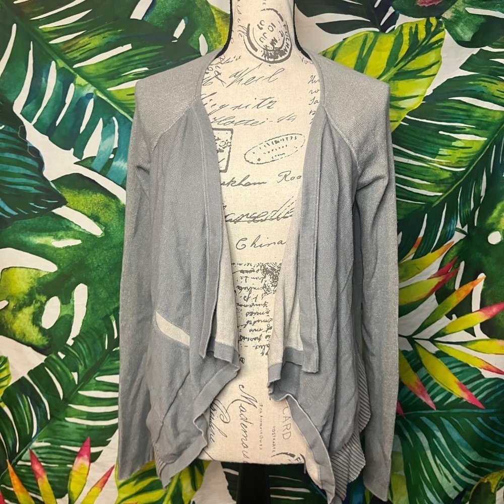 CABI Small Grey School College Fall Office Casual Knit Cotton Waterfall Cardigan